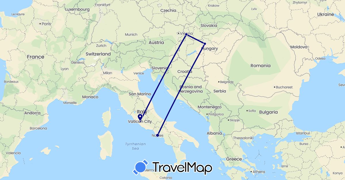 TravelMap itinerary: driving in Hungary, Italy, Slovakia (Europe)
